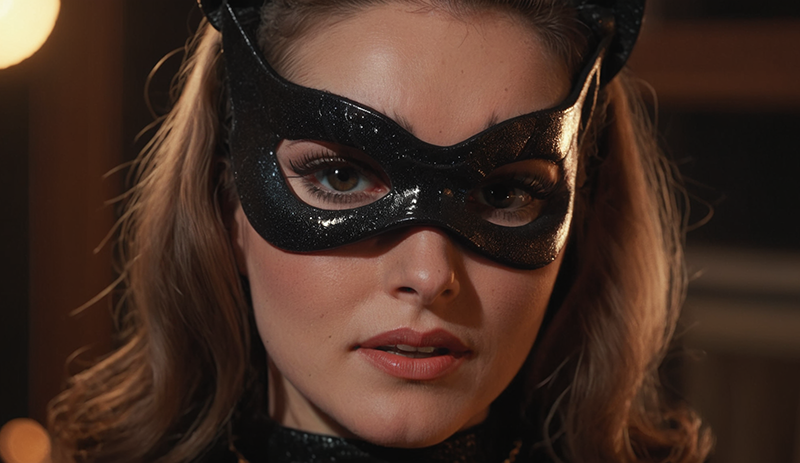 Close-up of Julie Newmar Catwoman portraying her face with mask and cat ears