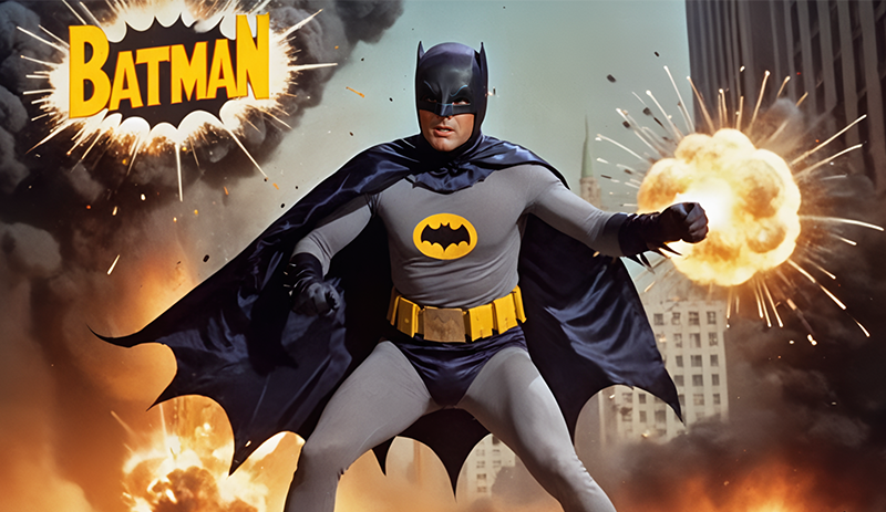 Action shot of Adam West Batman in fighting pose with buildings and explosions in the background