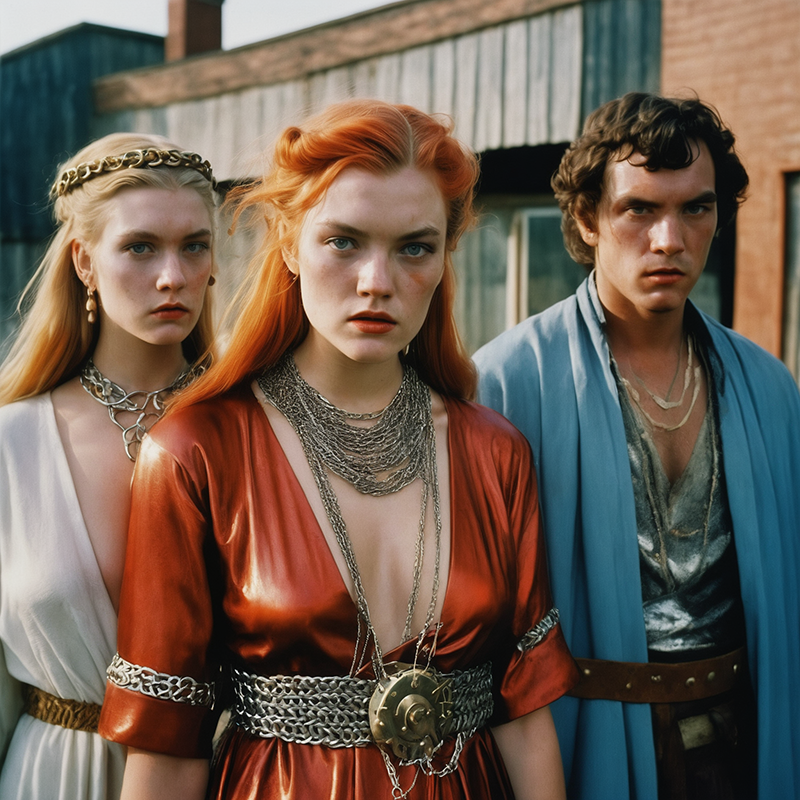 The image showcases three individuals, two females and one male, dressed in what appears to be historical or fantasy-themed clothing. The female in the center has striking red hair and is adorned with multiple necklaces and a belt with a lion's head pendant. The female on the left has long blonde hair and wears a white dress with a golden necklace. The male on the right has curly dark hair and wears a blue robe with a silver belt. The setting seems to be outdoors, with a rustic building in the background. The image has a vintage or artistic filter applied to it, giving it a warm, golden hue.