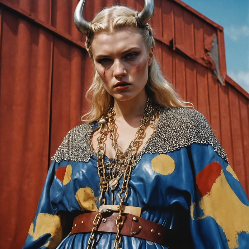 The image showcases a woman with blonde hair adorned with silver horn-like accessories on her head. She is wearing a blue dress with yellow and red patterns, and it appears to be made of a shiny material. The dress has a chain belt with a large, ornate buckle. The woman is standing in front of a red building with a wooden door. The overall aesthetic of the image is artistic and possibly inspired by fantasy or medieval themes.