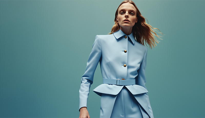 The woman in the image is wearing a blue blazer, standing in a field with trees in the background. The sky is clear with a few clouds. The image has a professional and artistic style, with a focus on the subject and a shallow depth of field. The color tone is natural, with the blue blazer being a prominent feature.