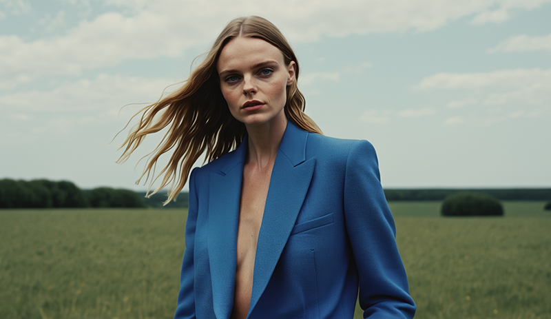 The woman in the image is wearing a blue blazer, standing in a field with trees in the background. The sky is clear with a few clouds. The image has a professional and artistic style, with a focus on the subject and a shallow depth of field. The color tone is natural, with the blue blazer being a prominent feature. 