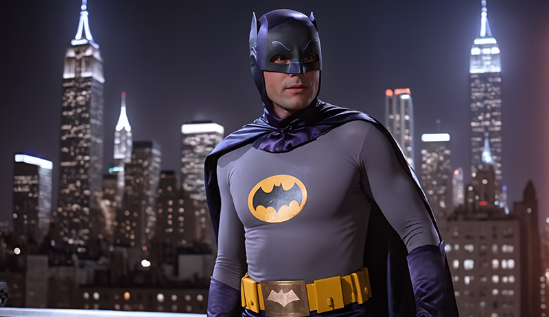 Medium shot of Adam West Batman standing on a rooftop with a city in the background