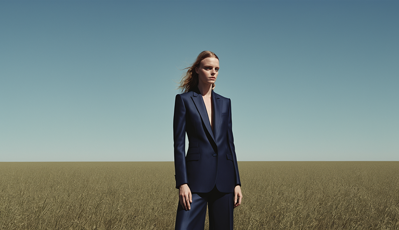 The woman in the image is wearing a blue suit, standing in a vast field under a clear sky.