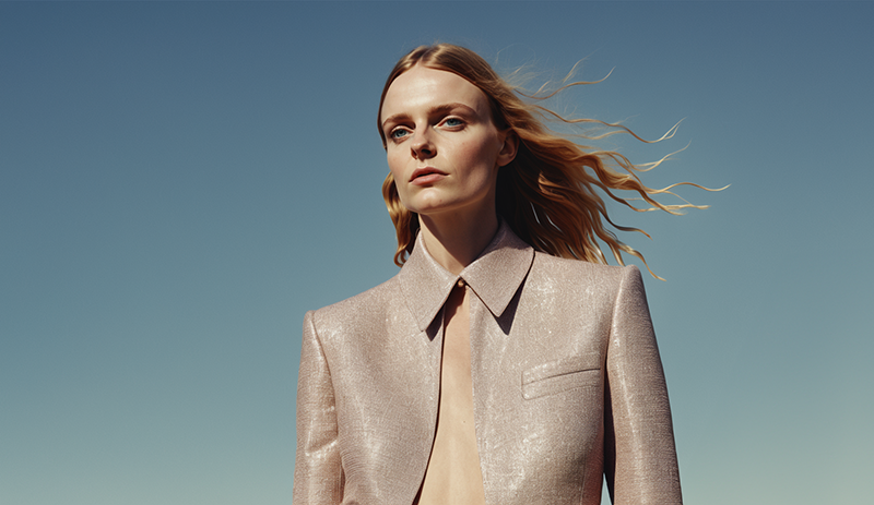 The woman in the image is wearing a shiny, silver-colored blazer. The blazer has a collar and appears to be made of a smooth material with a metallic sheen. The woman is looking off to the side with a serious expression. The background is a clear blue sky, suggesting an outdoor setting, possibly during the daytime. The lighting is bright and evenly distributed across the image, highlighting the woman's features and the texture of the blazer.