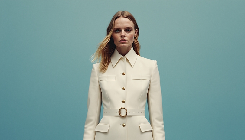 The woman in the image is wearing a shiny, silver-colored blazer. The blazer has a collar and appears to be made of a smooth material with a metallic sheen. The woman is looking off to the side with a serious expression. The background is a clear blue sky, suggesting an outdoor setting, possibly during the daytime. The lighting is bright and evenly distributed across the image, highlighting the woman's features and the texture of the blazer.