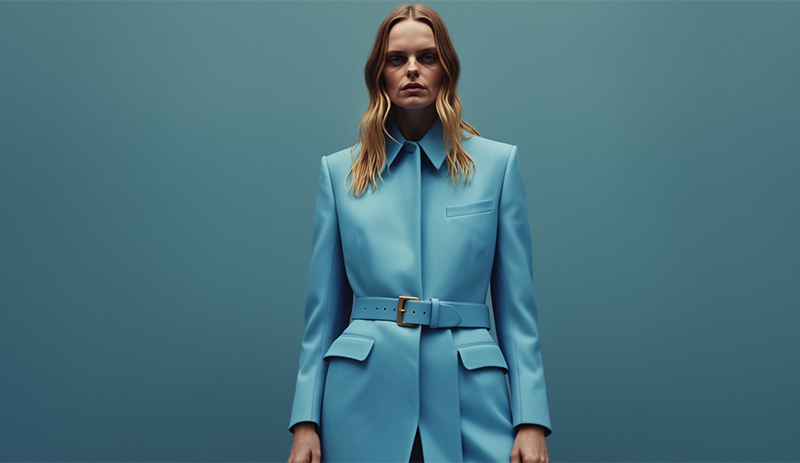 The image showcases a woman dressed in a blue blazer with a belt. The blazer is of a solid color with a simple design. The woman has blonde hair and is looking directly at the camera with a neutral expression. The background is a solid teal color, providing a contrast to the subject. The lighting is soft and evenly illuminates the subject from all sides.