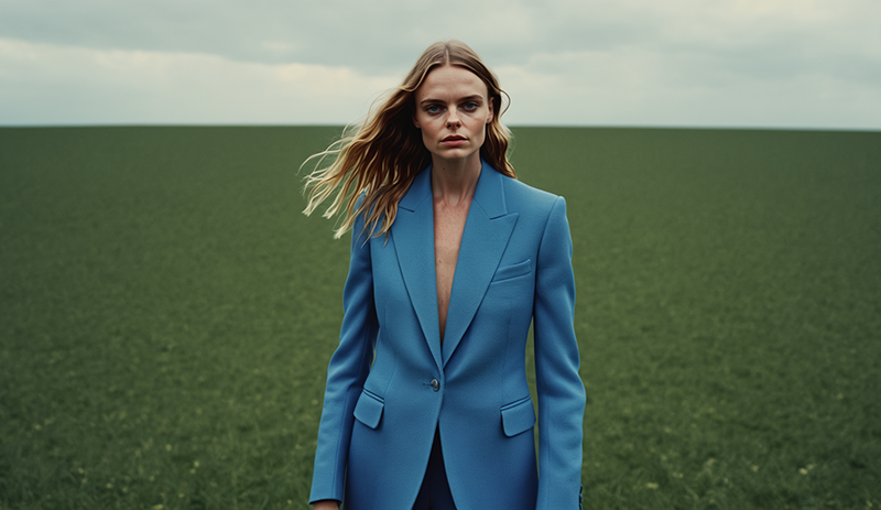 The woman in the image is wearing a blue blazer, standing in a vast field with a cloudy sky overhead. The image is taken with a high-end camera, possibly a DSLR, with a shallow depth of field, creating a dreamy and artistic effect. The color tone is cool, with the blue of the blazer contrasting against the green of the field. The woman's expression is contemplative, and the overall mood of the image is serene and introspective.