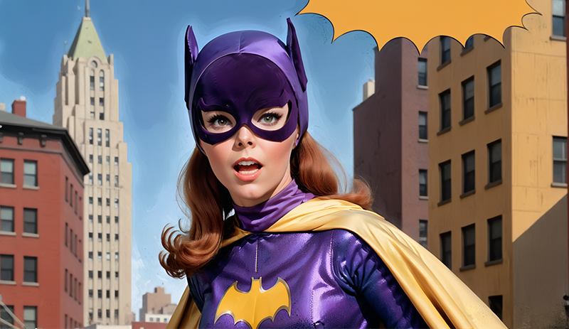 The image showcases a woman dressed in a purple Batman costume, complete with a bat emblem on her chest and a cape. She appears to be in an urban setting, with buildings in the background. The woman has a surprised or shocked expression on her face. The image seems to be from a vintage or retro style, possibly from the 1960s or 1970s, given the color palette and quality.