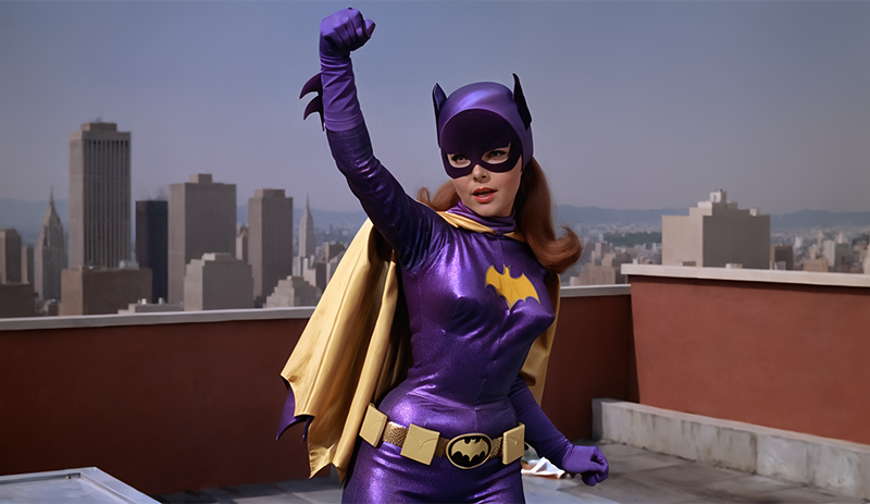 The image showcases a woman dressed in a purple Batman costume, complete with a mask, cape, and utility belt. She is striking a dynamic pose with one fist raised, as if ready for action. The backdrop features a city skyline with tall buildings, suggesting an urban setting. The image appears to be from a vintage or retro style, possibly from the 1960s or 1970s, given the color palette and quality. The woman's expression is determined, and she exudes a sense of confidence.