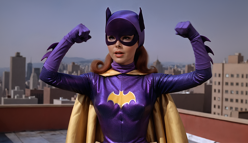 The image showcases a woman dressed in a superhero costume, specifically Batgirl, from the Batman series. She is flexing her muscles, showcasing her strength and confidence. The setting appears to be a rooftop or high vantage point overlooking a cityscape. The attire is predominantly purple with a yellow cape. The woman's expression is determined and focused. The image is in color, and the style is vintage, reminiscent of the 1960s or 1970s comic book artwork.