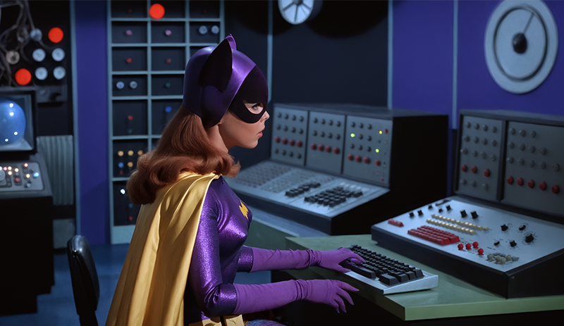 Batgirl working in a retro computer room.