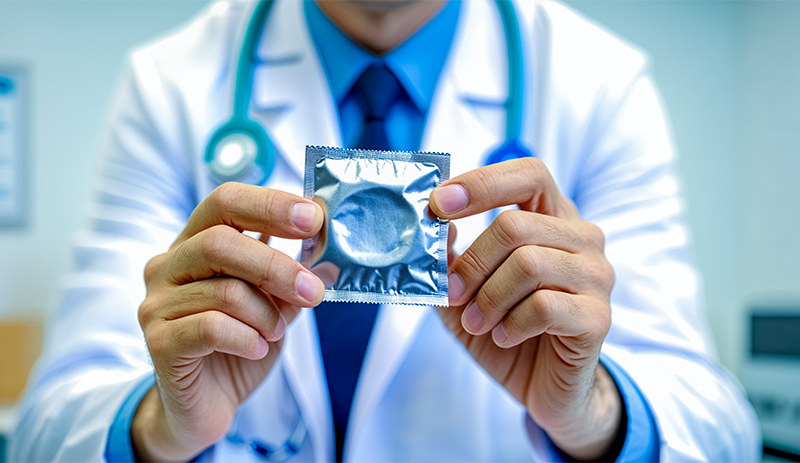 Close-up of doctor hands holding a metallic condom wrapper