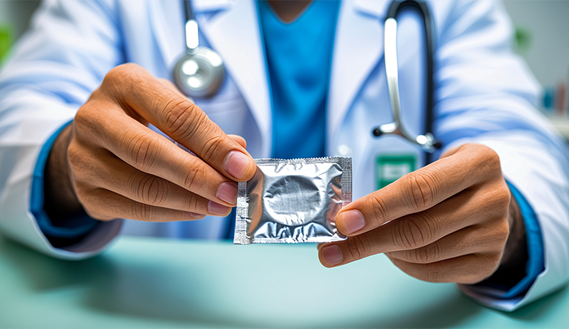 Close-up of doctor hands holding a metallic condom wrapper