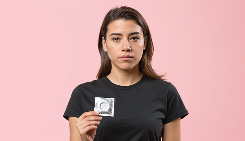 Latino woman holding a condom wrapper against a pink background