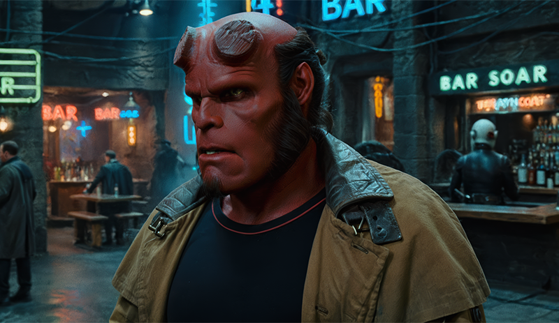 Ron Perlman Hellboy walking inside a gritty underground bar