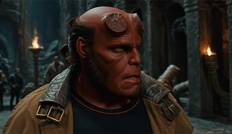 Ron Perlman Hellboy inside an underground cavern or tomb