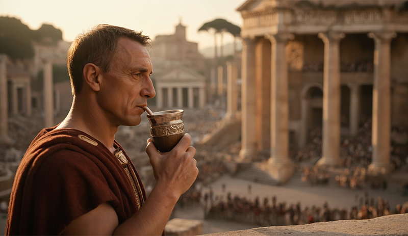 Julius Caesar drinking argentine mate in the ancient Rome