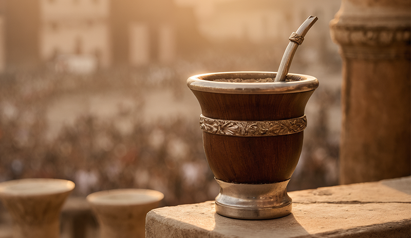 Argentine mate posed on top of a roman column with a background of the ancient city