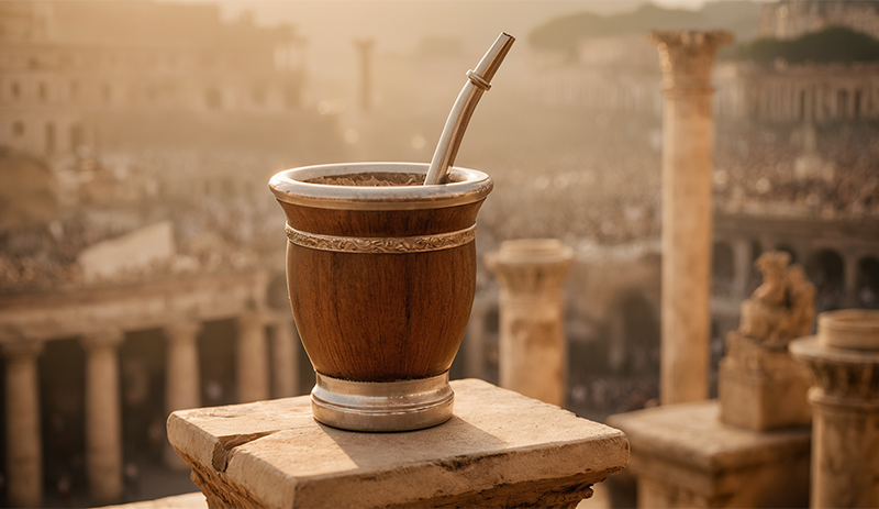 Argentine mate posed on top of a roman column with a background of the ancient city