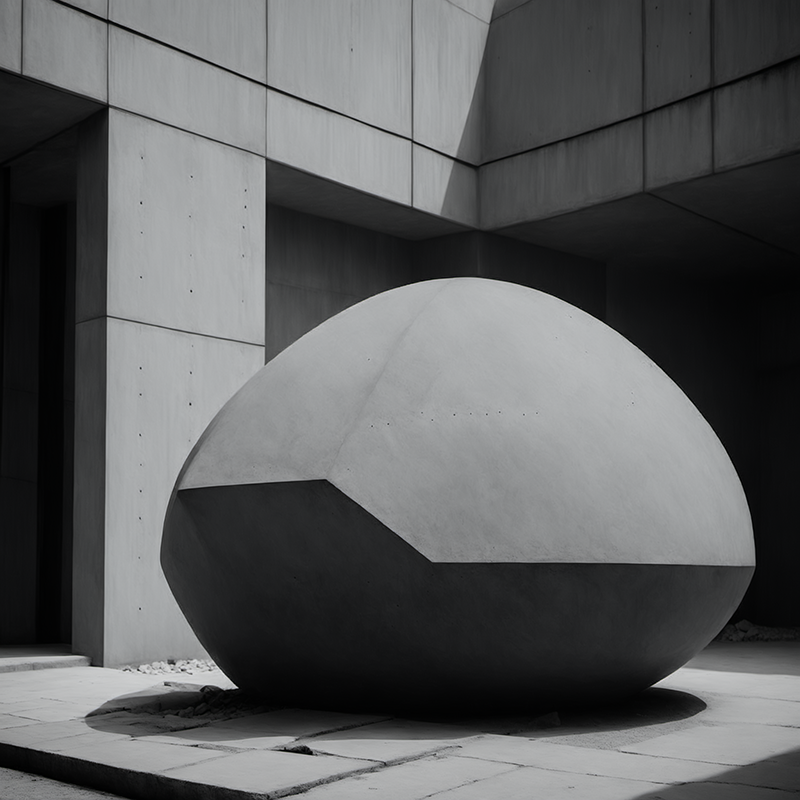 A concrete egg in the style of brutalist architecture