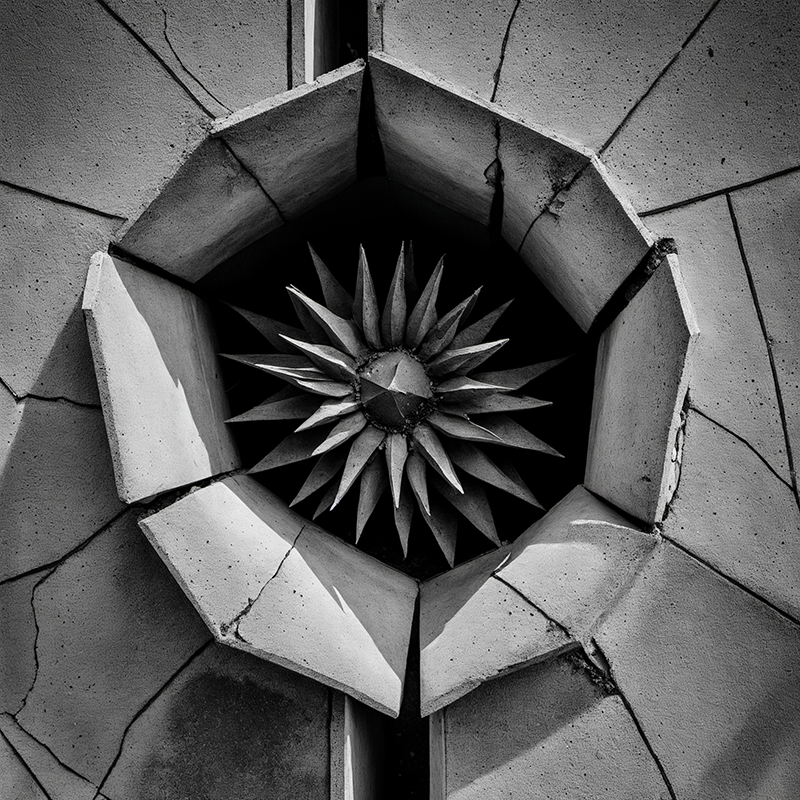 A concrete poppy emerges from the cracks of a wall