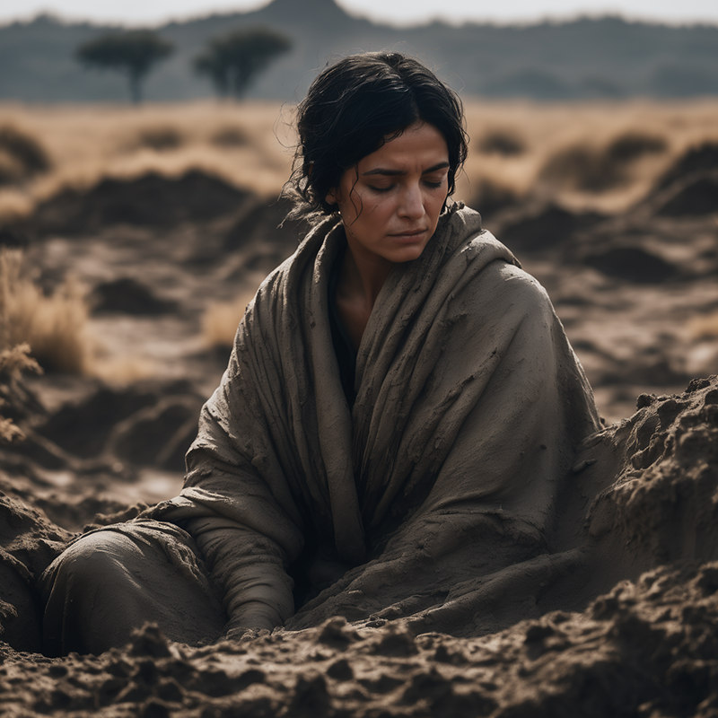 The image showcases a woman sitting in a dirt hut, seemingly in a contemplative or meditative state. The woman is draped in a gray cloth and is surrounded by the natural environment. The image has a muted color palette, with earthy tones dominating the scene. The woman's expression is serene, and she appears to be lost in thought. The setting suggests a rural or remote location, possibly indicating a connection to nature or spirituality. The image is well-lit, with the light source appearing to be from the top left corner, casting a soft glow on the woman's face.