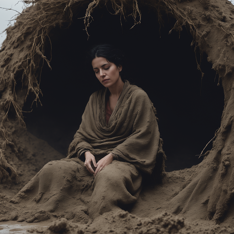 The image showcases a woman sitting in a contemplative pose amidst a backdrop of a cave or tunnel made of earthy materials. She is draped in a rustic, earth-toned cloth, and her attire suggests a blend of simplicity and elegance. The setting is serene, with a muted color palette dominated by browns and grays. The lighting is soft, casting gentle shadows around her. The image evokes feelings of solitude, introspection, and connection with nature.