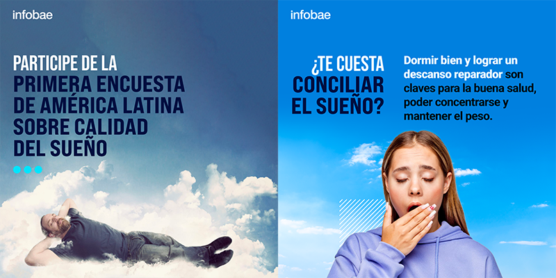 A split image; left side shows a person lying on clouds with text inviting to participate in a Latin American survey on sleep quality, right side depicts another person with obscured face, asking if having trouble sleeping, and providing information on the importance of good sleep. The image is part of an online article by Infobae, a news website.