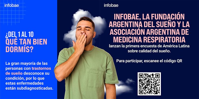 A digital flyer with a blue background featuring a woman in a yellow dress, her face obscured. The image contains text in Spanish discussing sleep quality and includes a QR code for participation in a survey. The flyer is part of a campaign by Infobae, a news website, and two medical associations.