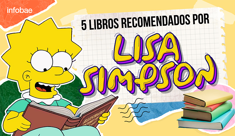 A colorful image featuring Lisa Simpson reading a book, with the text '5 LIBROS RECOMENDADOS POR LISA SIMPSON' and a stack of books in the background.