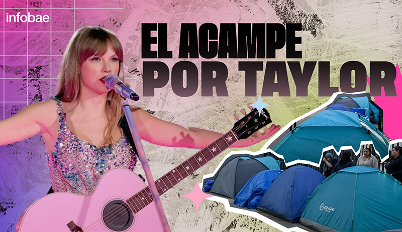 The image showcases a woman holding a guitar and singing into a microphone. She is wearing a sparkly outfit and has a pink guitar. In the background, there are multiple blue tents set up. The image has a vibrant color tone with a mix of pink, blue, and purple hues. The woman appears to be in a concert or music festival setting. The image also contains a watermark or logo in the top left corner that reads 'infobae'. The image is well-lit, and the composition is such that the woman is the central focus, with the tents and the background elements complementing her.