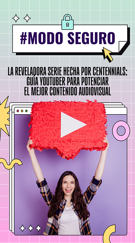 A digital graphic featuring a person with purple hair, holding a smartphone, surrounded by blue and pink outlines. The background contains text in Spanish and various graphical elements like arrows and a padlock icon, conveying a message about safe online behavior. The graphic is part of an online campaign by Infobae, a news website.