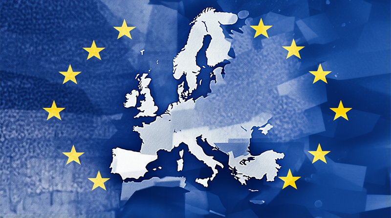 The image showcases a map of Europe, with the European Union flag overlaying it. The flag consists of 12 golden stars arranged in a circle on a blue background. The map is in a monochromatic color scheme, with the countries outlined and filled in white. The image has a digital, abstract texture, possibly created using a filter or software. The image quality is high, with sharp details and no visible watermarks or other distractions.