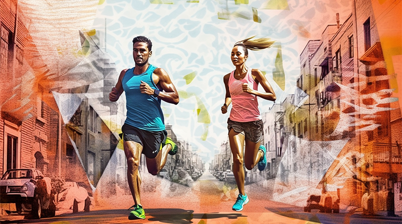 The image showcases two individuals, presumably male and female, engaged in a run. They are captured in mid-stride, with the male on the left and the female on the right. The setting appears to be an urban environment with buildings in the background. The image has an artistic overlay of abstract shapes and colors, predominantly in shades of orange, blue, and yellow. The image also has a filter applied, giving it a vintage or painted texture.