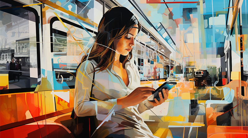 The image showcases a woman sitting on a public transportation vehicle, possibly a bus or train. She is engrossed in her phone, which she holds in her hand. The setting appears to be urban, with a blend of vibrant colors from the surroundings. The artistic style of the image is contemporary, with geometric shapes and a digital filter applied. The image is well-lit, capturing the interior of the vehicle with ample natural light. The woman is wearing a white top, and her attire is complemented by the colorful surroundings. The image is of high quality, with sharp details and a clear composition.